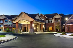 Exterior of The Terraces of Boise community at night