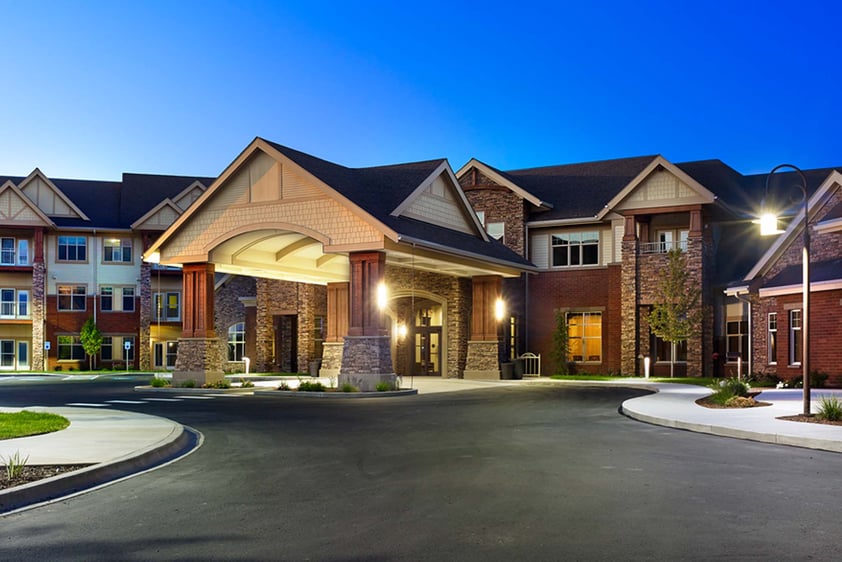 Exterior of The Terraces of Boise community at night