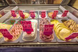 Gelato flavors in a display case in The Terraces of Boise bistro