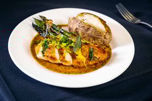 Plate of chicken, baked potato and asparagus 