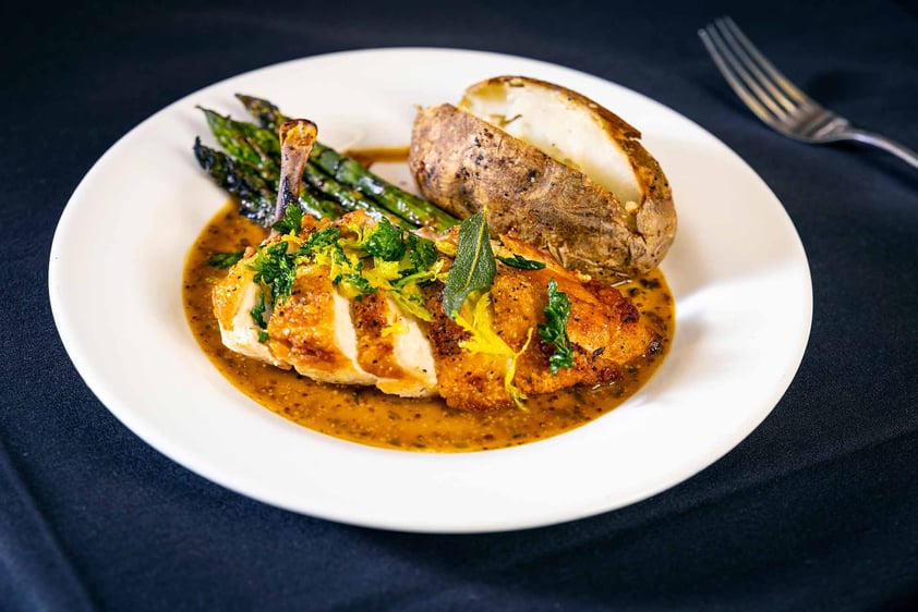 Plate of chicken, baked potato and asparagus 