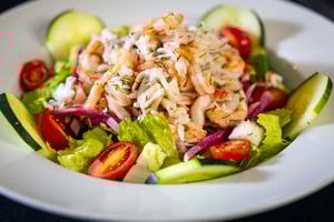 Close-up of a bowl of shrimp salad