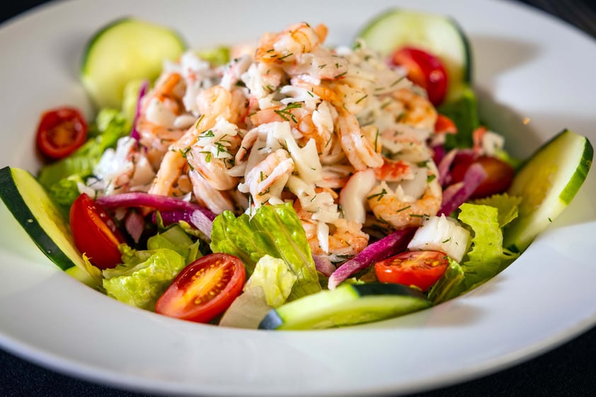 Close-up of a bowl of shrimp salad