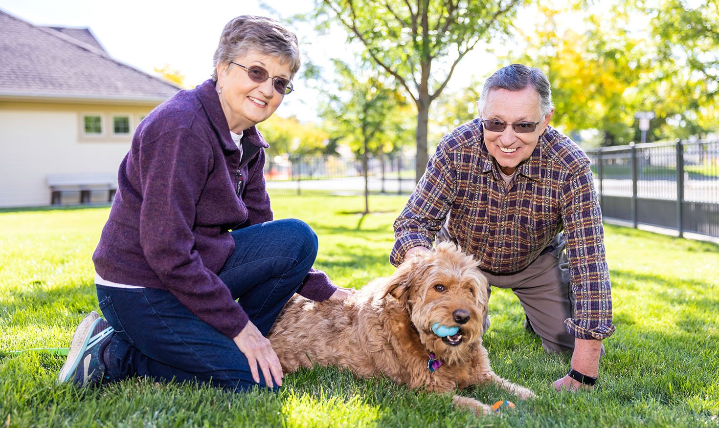 Senior couple sitting in the grass with their dog