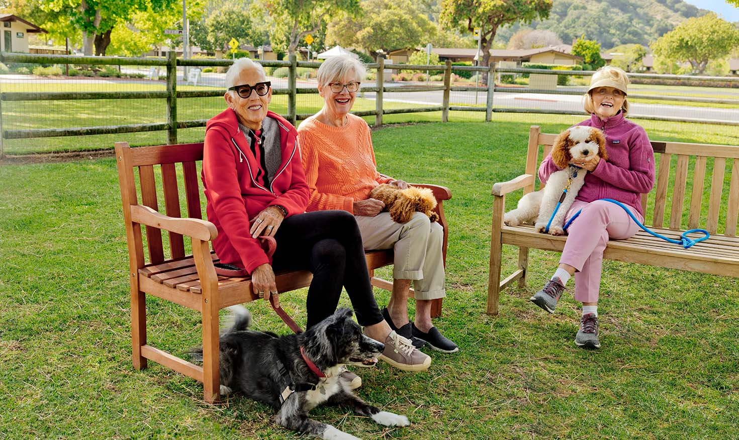 Three senior women sitting with their dogs on outdoor benches on the campus of Valle Verde