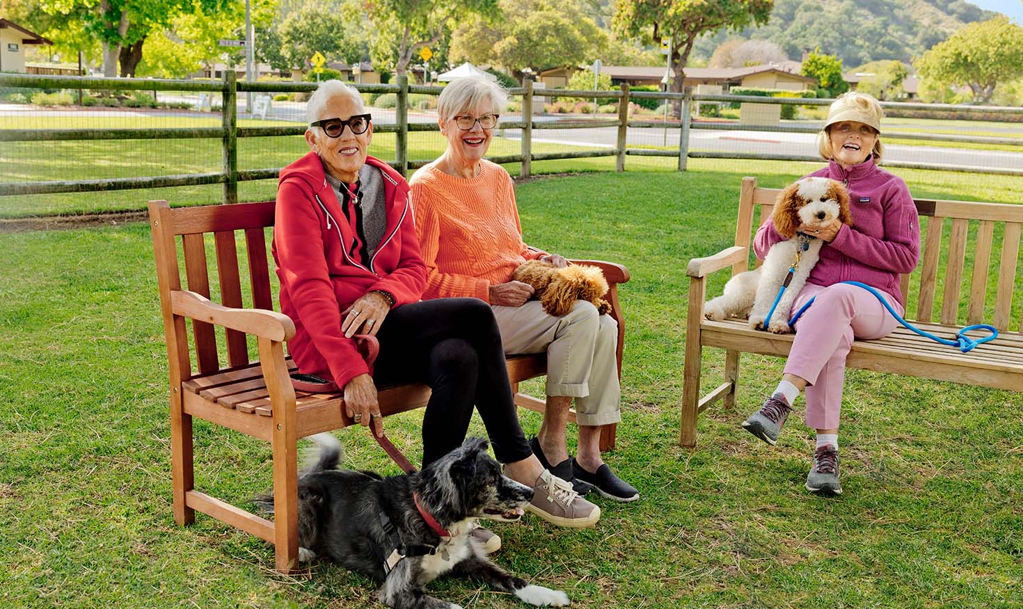 Three senior women sitting with their dogs on outdoor benches on the campus of Valle Verde