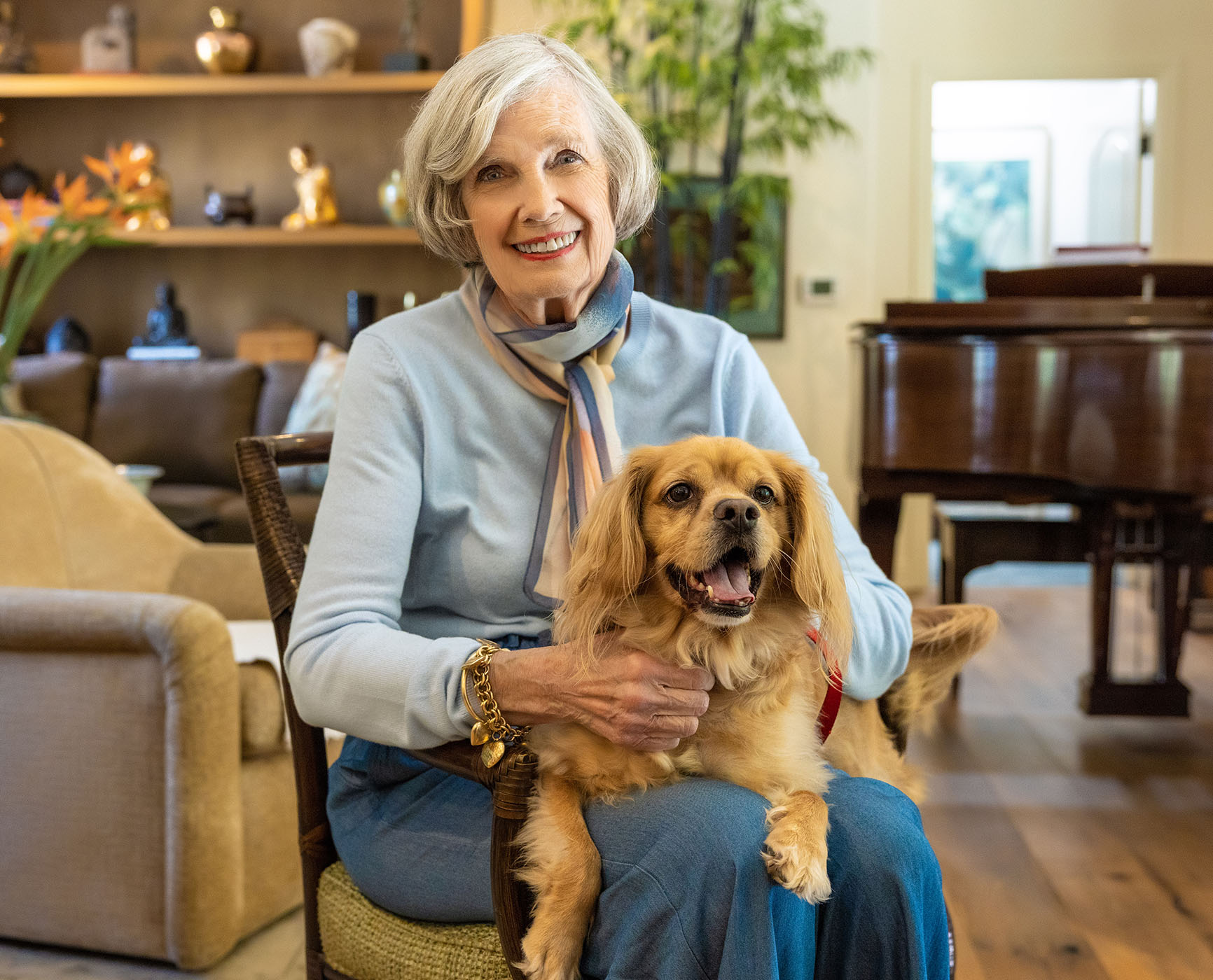 Senior woman sitting with a small dog in her lap