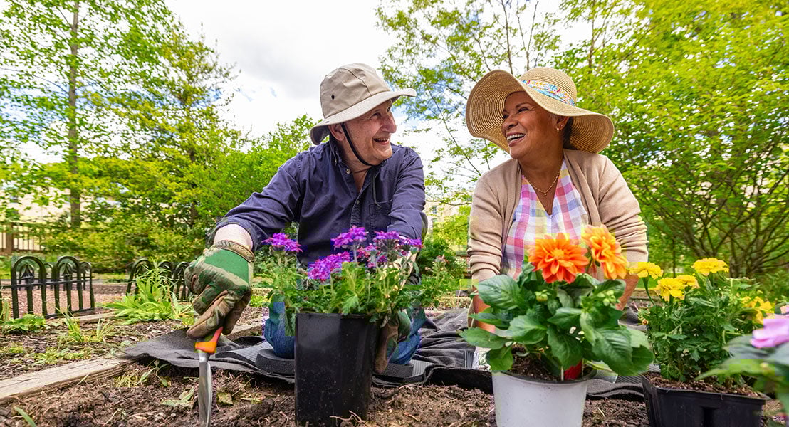 Two seniors in sun hats planting flowers in the garden of a HumanGood Life Plan Community