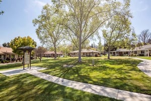 Central green surrounded by single-level homes at Plymouth Village