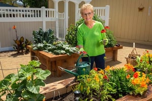 Smiling senior woman gardening in raised planter beds at Plymouth Village