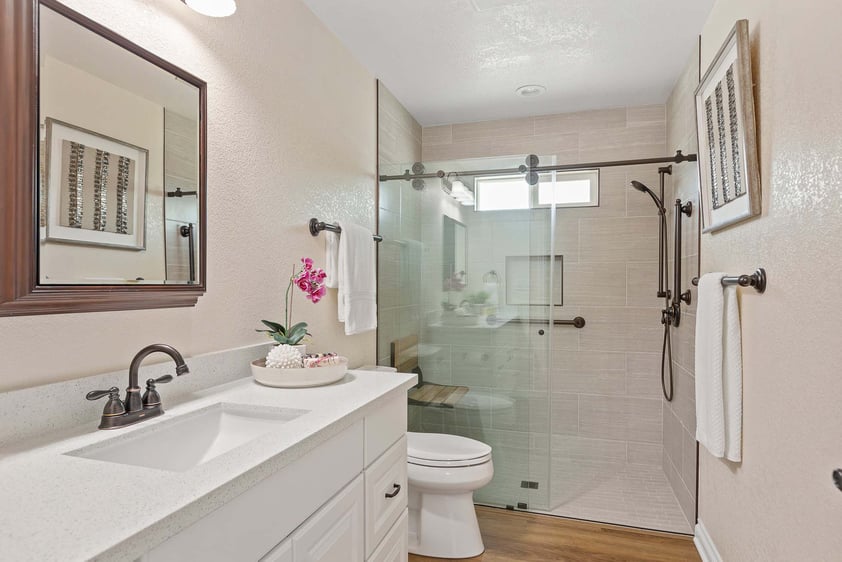 Bathroom with white countertop in a Plymouth Village home