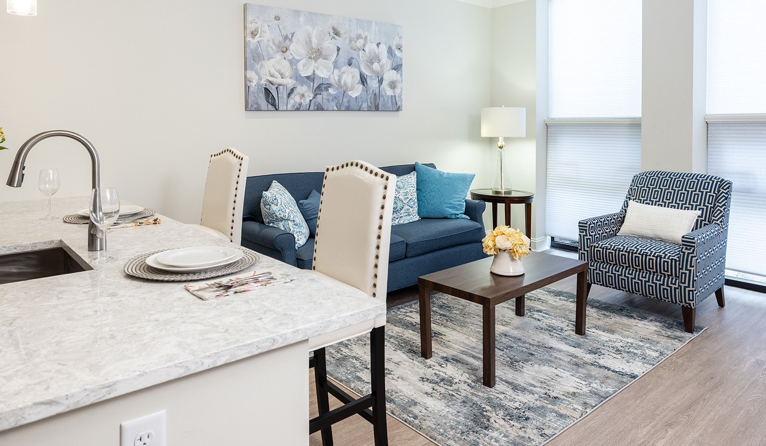 Modern living room in a Spring Mill Pointe apartment