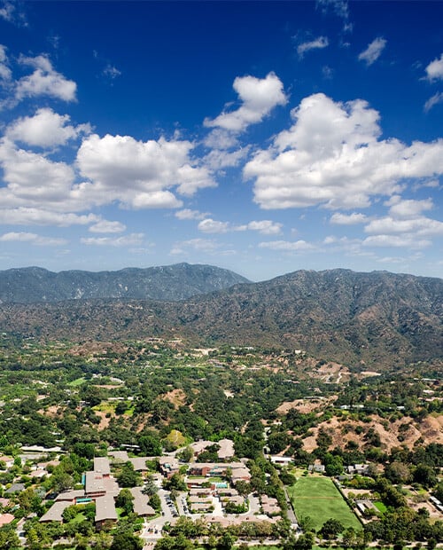 Overhead view of Westminster Gardens with the San Gabriel Mountains in the background