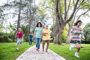 Senior woman and her grandkids walking the grounds of Westminster Gardens