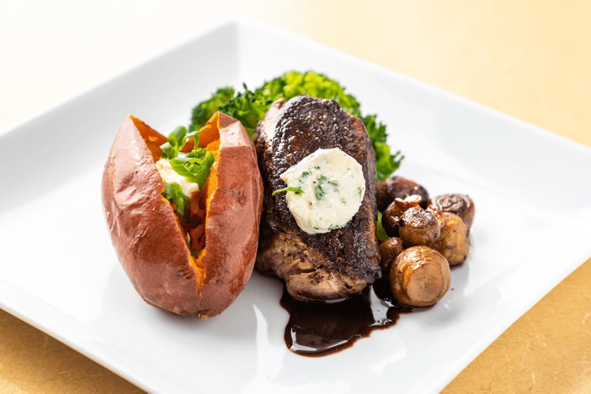 Plate of steak and a baked potato