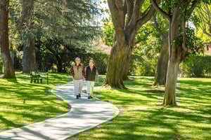 Senior couple holding hands and walking on a paved path through the grounds of Westminster Gardens