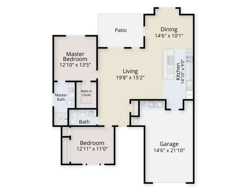 Floor plan of a two-bedroom home with garage at Westminster Gardens