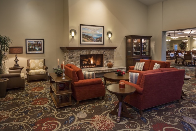 public seating area in front of fireplace