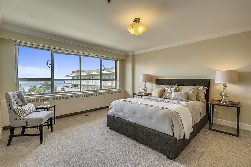 apartment bedroom with water views