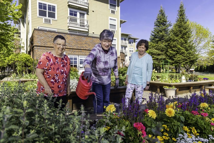 Senior woman watering flowers in the garden as two other senior women watch