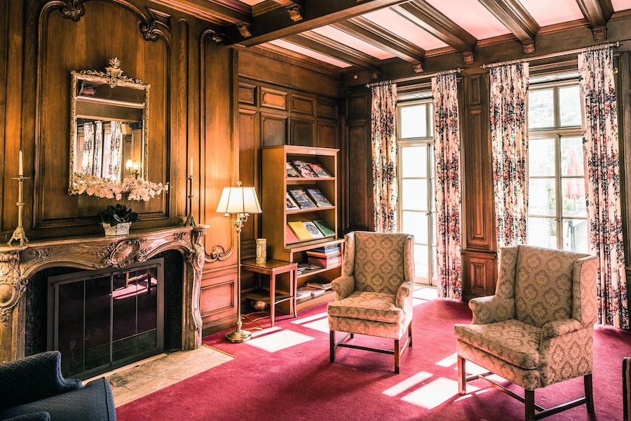 The Mansion at Rosemont living room with a fireplace