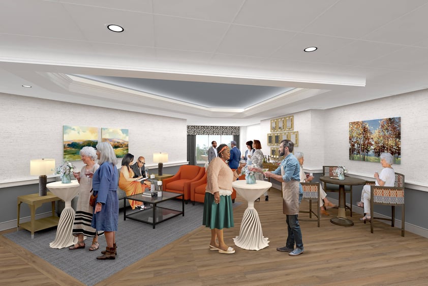 Rendering of residents gathered in the first floor lobby of Rydal Park Parkside