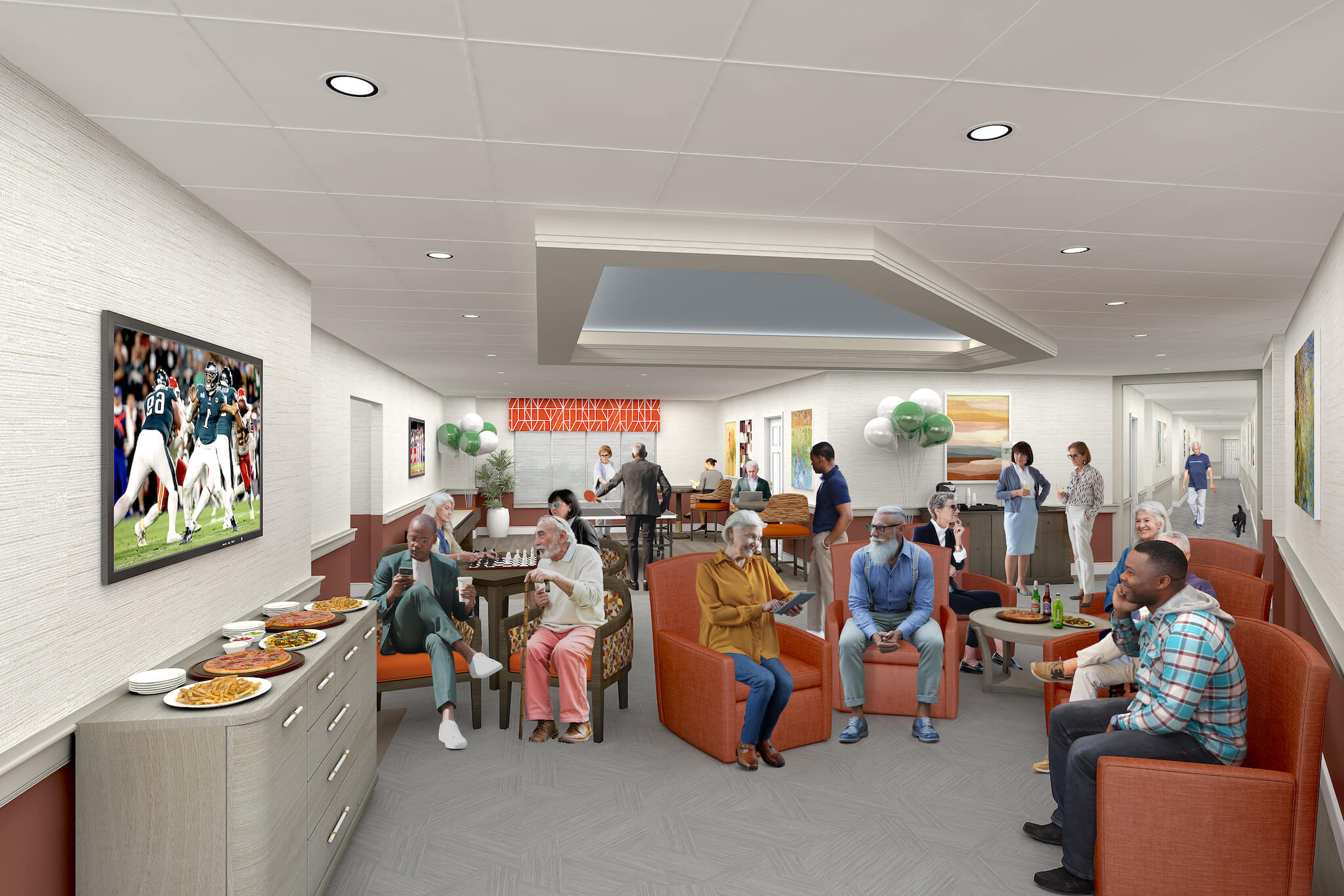 Rendering of residents gathered in the fifth floor lobby at Rydal Park Parkside 