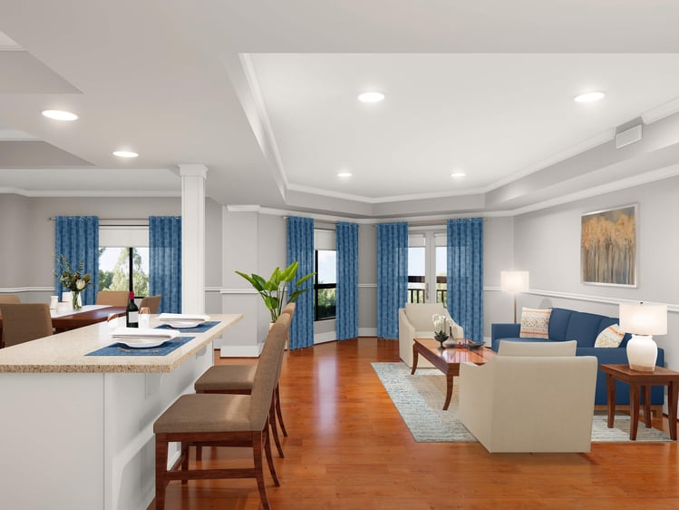 Rendering of the living room of an apartment at Rydal Park Parkside