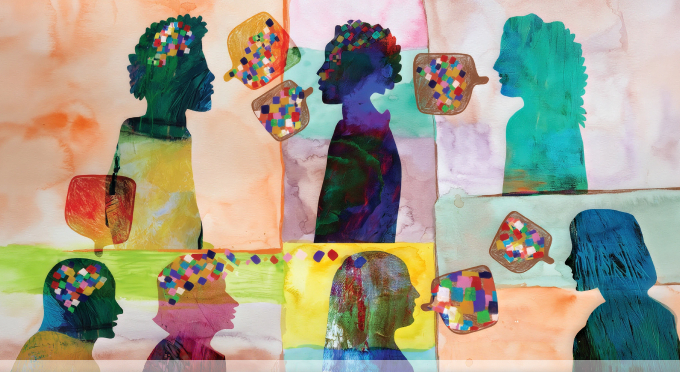 Colorful watercolor collage of four diverse human profiles