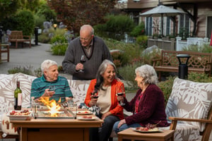Four seniors drinking wine and chatting on an outdoor patio at The Terraces at Los Altos