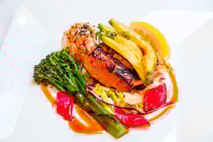 Close-up of a plate of salmon and vegetables