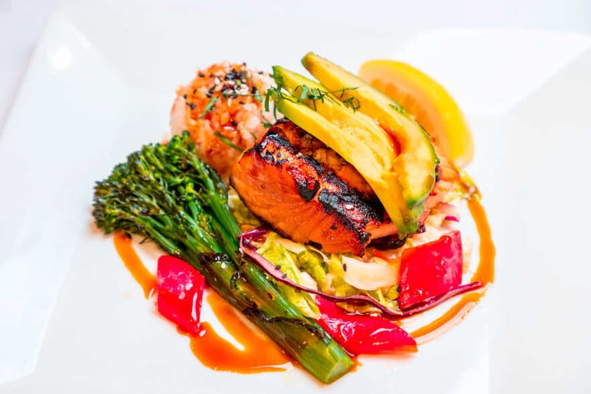 Close-up of a plate of salmon and vegetables