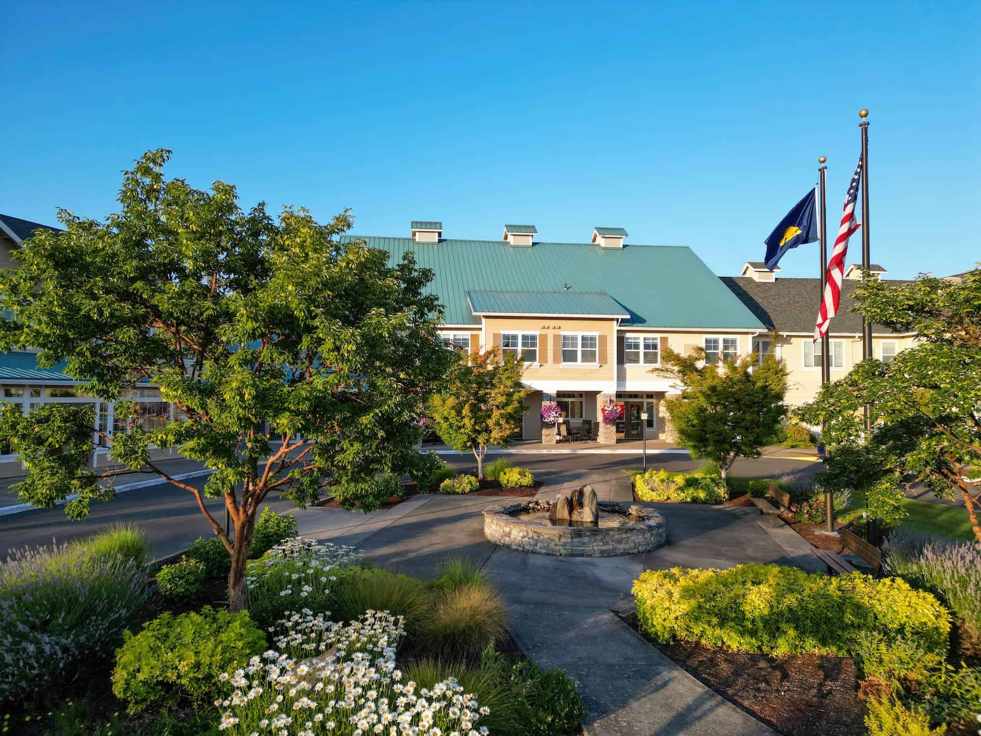 Main entrance with flagpoles