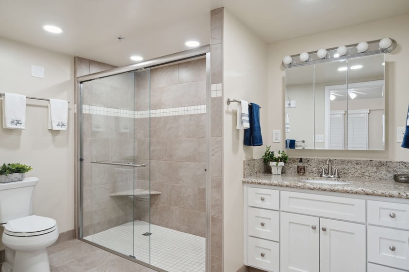 Bathroom of an apartment at Rosewood, a HumanGood Life Plan Community