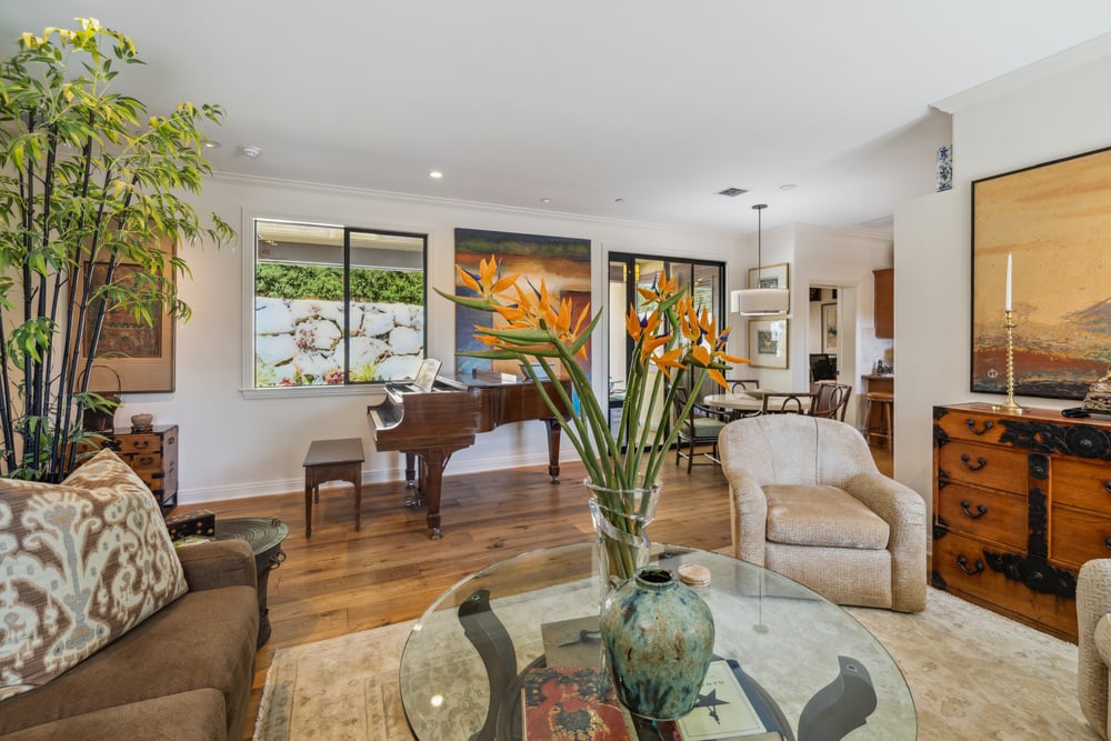 living room with piano