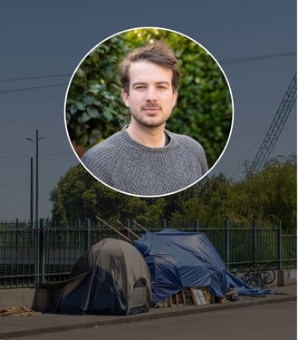 Headshot of Davey Schaupp, director and producer No Place to Grow Old, on a background image of tents set up on the sidewalk.