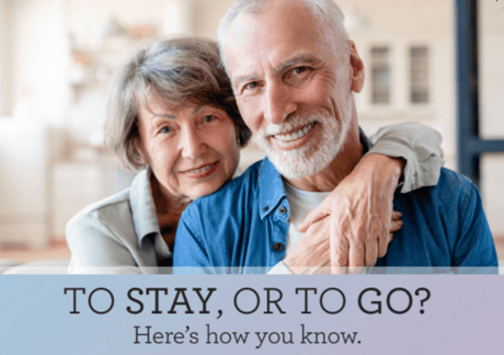 Smiling residents embracing. Text reads: ‘To Stay, or To Go? Join us for an informative and inspiring seminar.