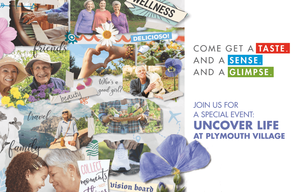 Collage of residents enjoying activities like gardening, traveling, spending time with family and friends, and caring for pets, with an invitation to discover life at Plymouth Village.