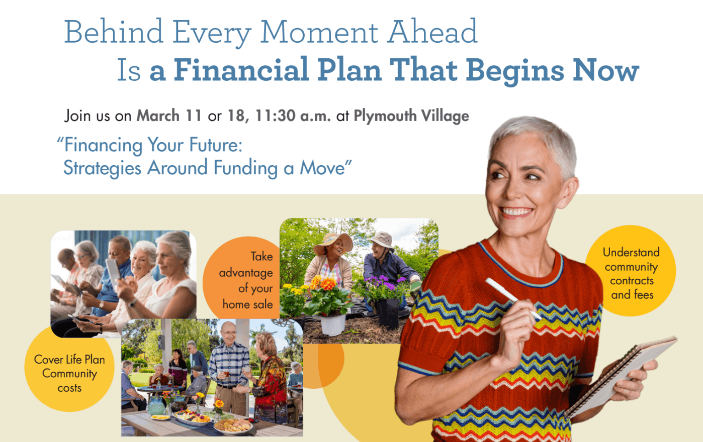 Promotional graphic for a financial planning seminar at Plymouth Village, featuring residents enjoying community activities and a woman taking notes.