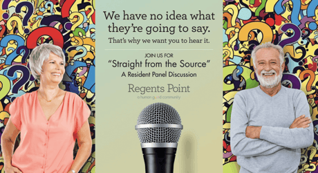 Promo for “Straight from the Source” at Regents Point, showing two smiling residents beside colorful question marks and a central microphone.