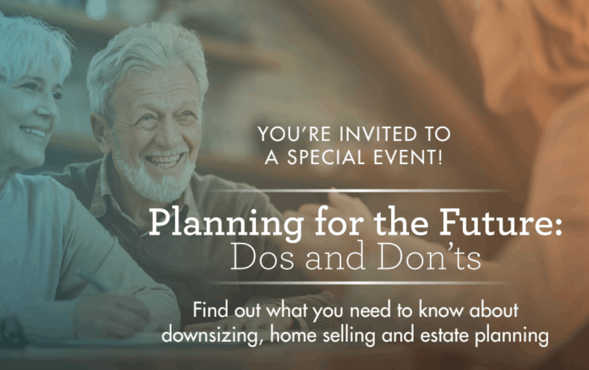 Residents smiling and talking with a staff member while discussing planning for the future during a community seminar about downsizing and estate planning.