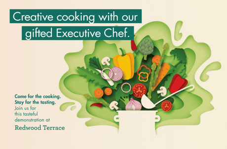 Illustrated vegetables bursting from a cooking pot alongside text promoting a creative cooking event with an executive chef at Redwood Terrace.