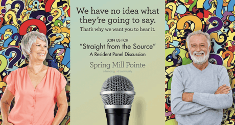 Promo for “Straight from the Source” at Spring Mill Pointe, showing two smiling residents beside colorful question marks and a central microphone.