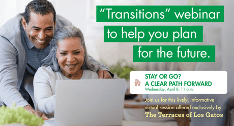 Two residents smiling and looking at a laptop together, promoting the “Transitions” webinar titled “Stay or Go? A Clear Path Forward” to help plan for the future.