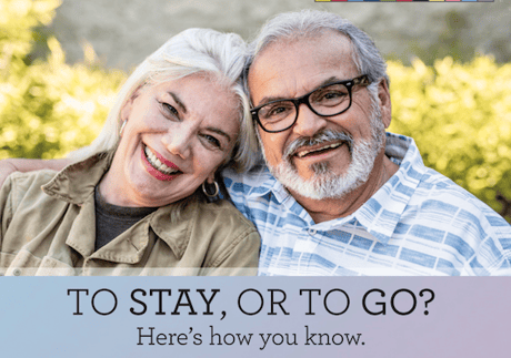 Couple smiling outdoors with caption 'TO STAY, OR TO GO? Here’s how you know.