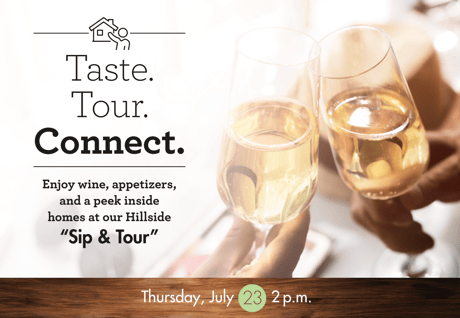 Promotional graphic inviting people to “TASTE. TOUR. CONNECT.” with Hillside branding and two champagne glasses.
