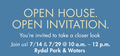 “Open House. Open Invitation.” open house invitation with a blue background.