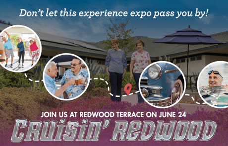 Graphic promoting an event at Redwood Terrace with residents smiling and chatting cars.