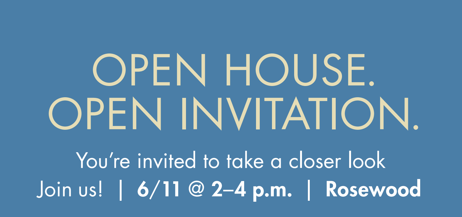 “Open House. Open Invitation.” open house invitation with snowflakes on a blue background.