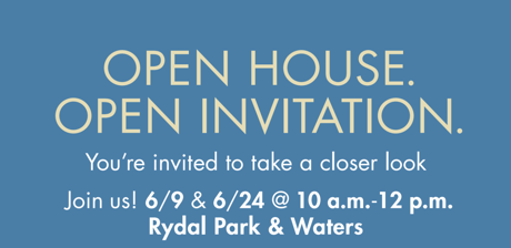 “Open House. Open Invitation.” open house invitation with a blue background.